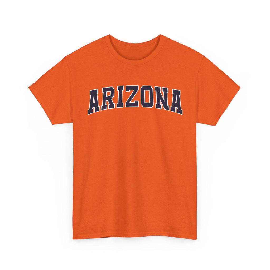 Orange t-shirt with 'ARIZONA' typography design in varsity style on a white background