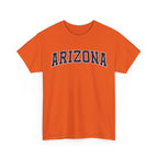 Orange t-shirt with 'ARIZONA' typography design in varsity style on a white background