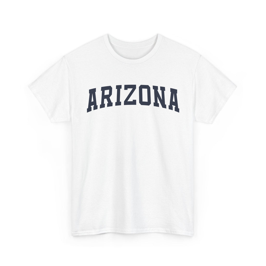 White t-shirt with 'ARIZONA' typography design in varsity style on a white background