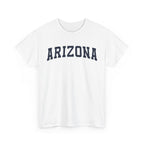 White t-shirt with 'ARIZONA' typography design in varsity style on a white background