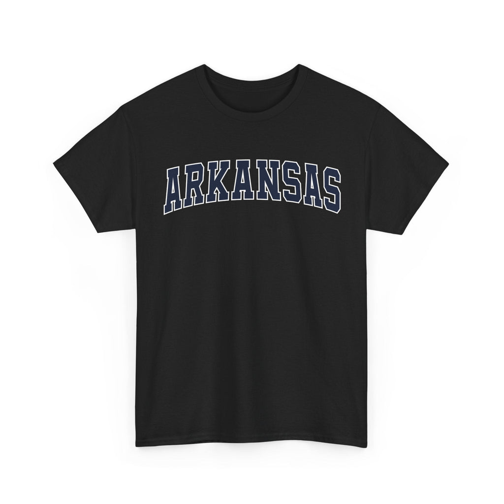 Black t-shirt with 'ARKANSAS ' text on a white background