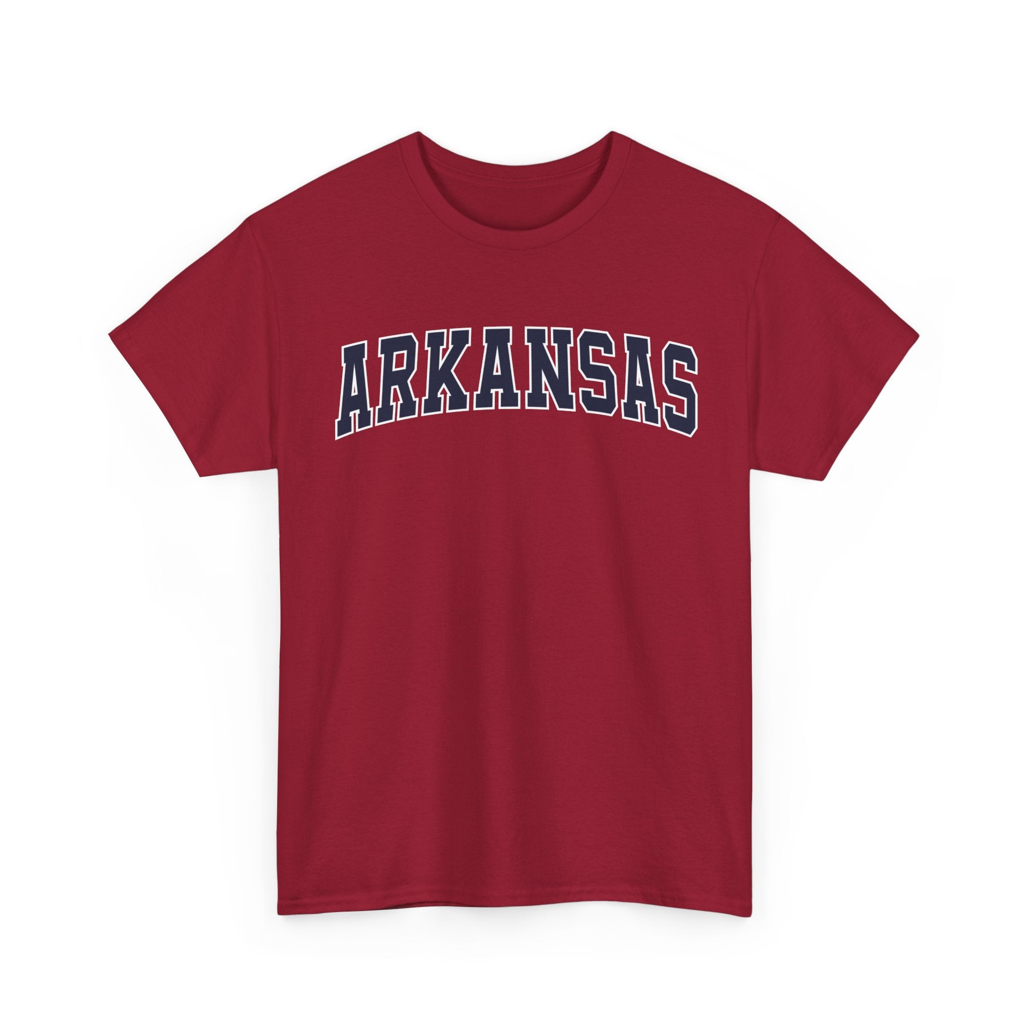 Red t-shirt with 'ARKANSAS ' text on a white background