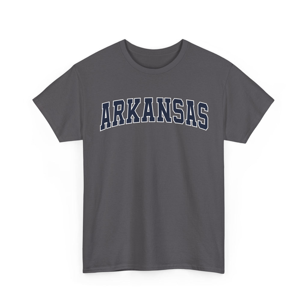Charcoal t-shirt with 'ARKANSAS ' printed on a white background