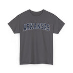 Charcoal t-shirt with 'ARKANSAS ' printed on a white background