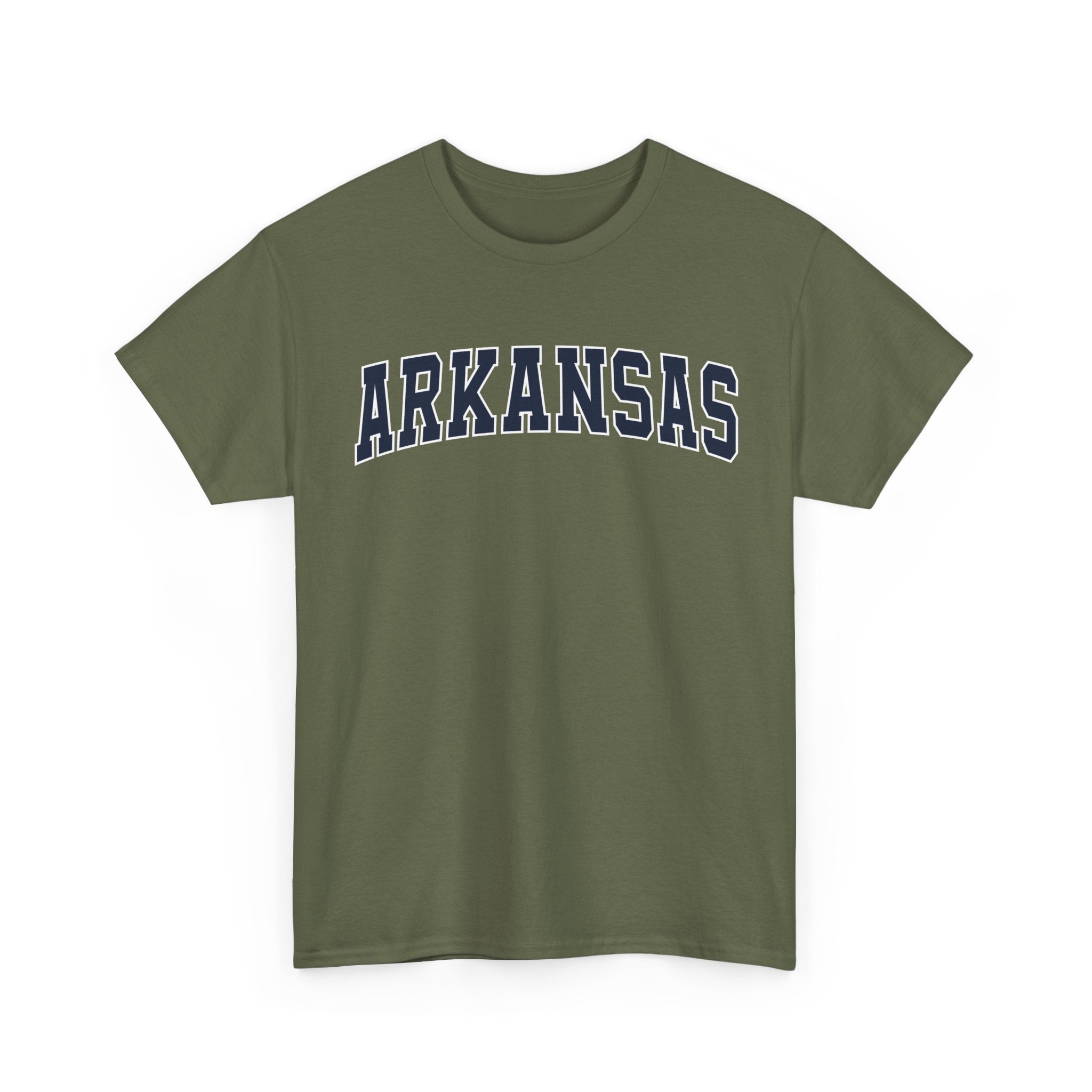 Green t-shirt with 'ARKANSAS ' text on a white background