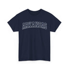 Navy blue t-shirt with 'ARKANSAS' printed on a white background
