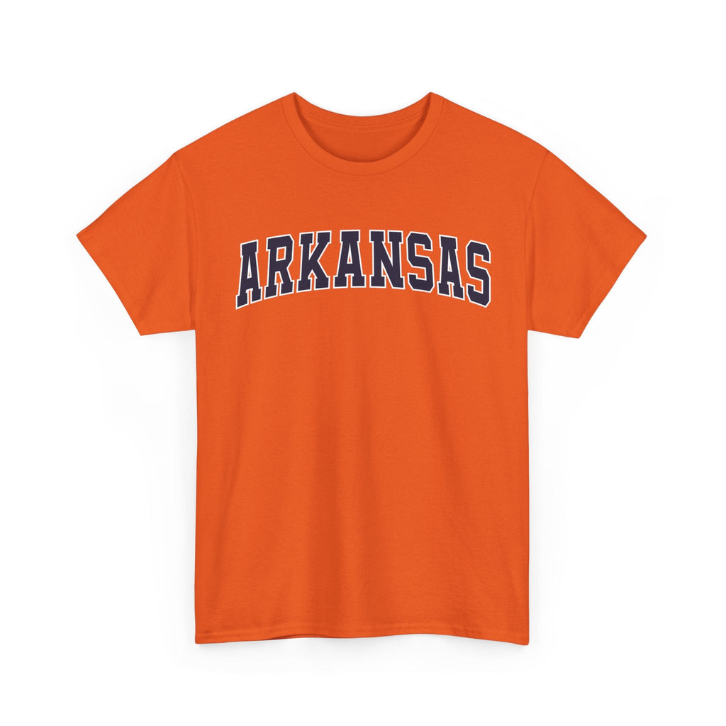 Orange t-shirt with 'ARKANSAS ' printed on a white background