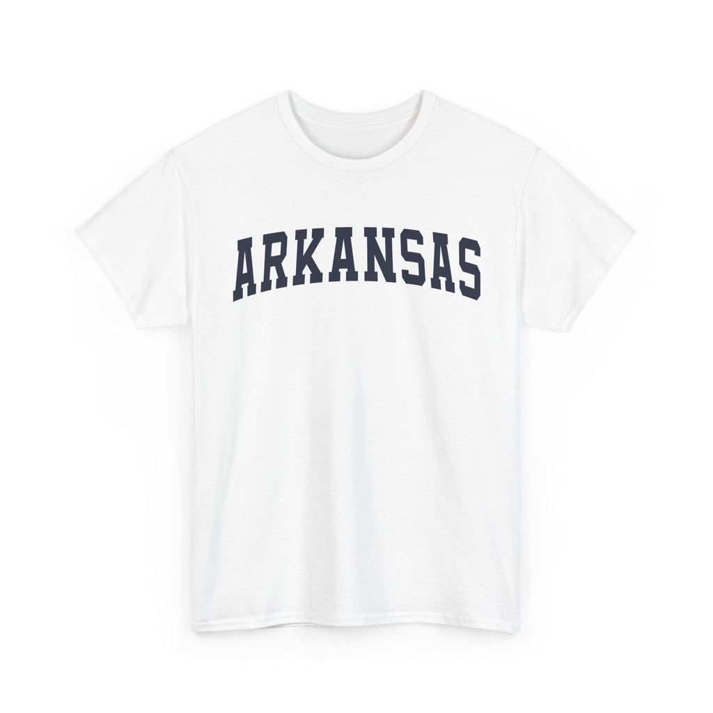White t-shirt with 'ARKANSAS ' printed in navy on a white background