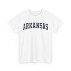 White t-shirt with 'ARKANSAS ' printed in navy on a white background