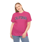 A woman wearing a heliconia t-shirt with 'CALIFORNIA' typography design in varsity style on a white background