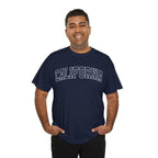 a man wearing a navy t-shirt with 'CALIFORNIA' typography design in varsity style on a white background