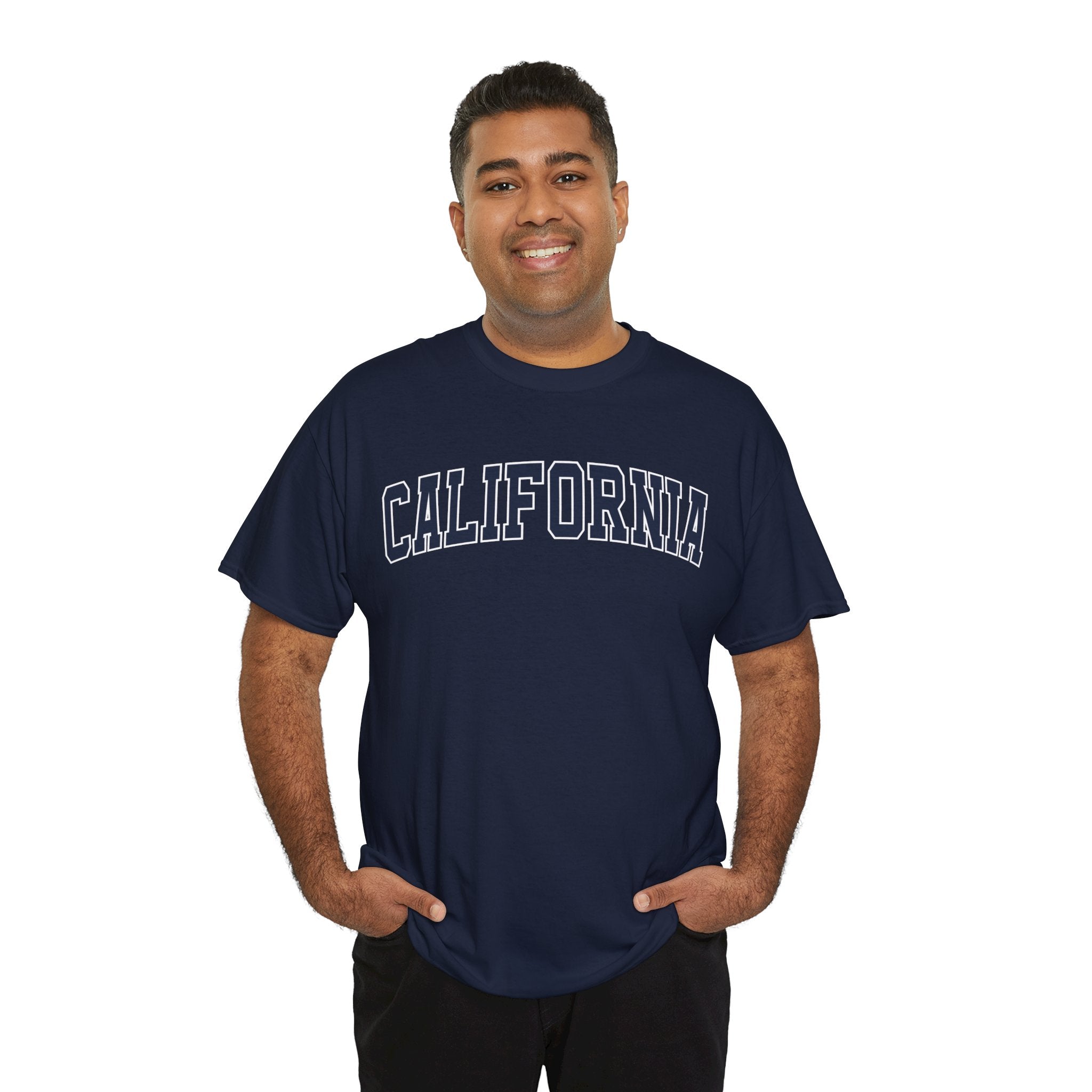 a man wearing a navy t-shirt with 'CALIFORNIA' typography design in varsity style on a white background
