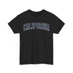 Black t-shirt with 'CALIFORNIA' typography design in varsity style on a white background