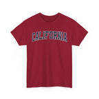 cardinal red t-shirt with 'CALIFORNIA' typography design in varsity style on a white background
