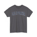 Charcoal t-shirt with 'CALIFORNIA' typography design in varsity style on a white background