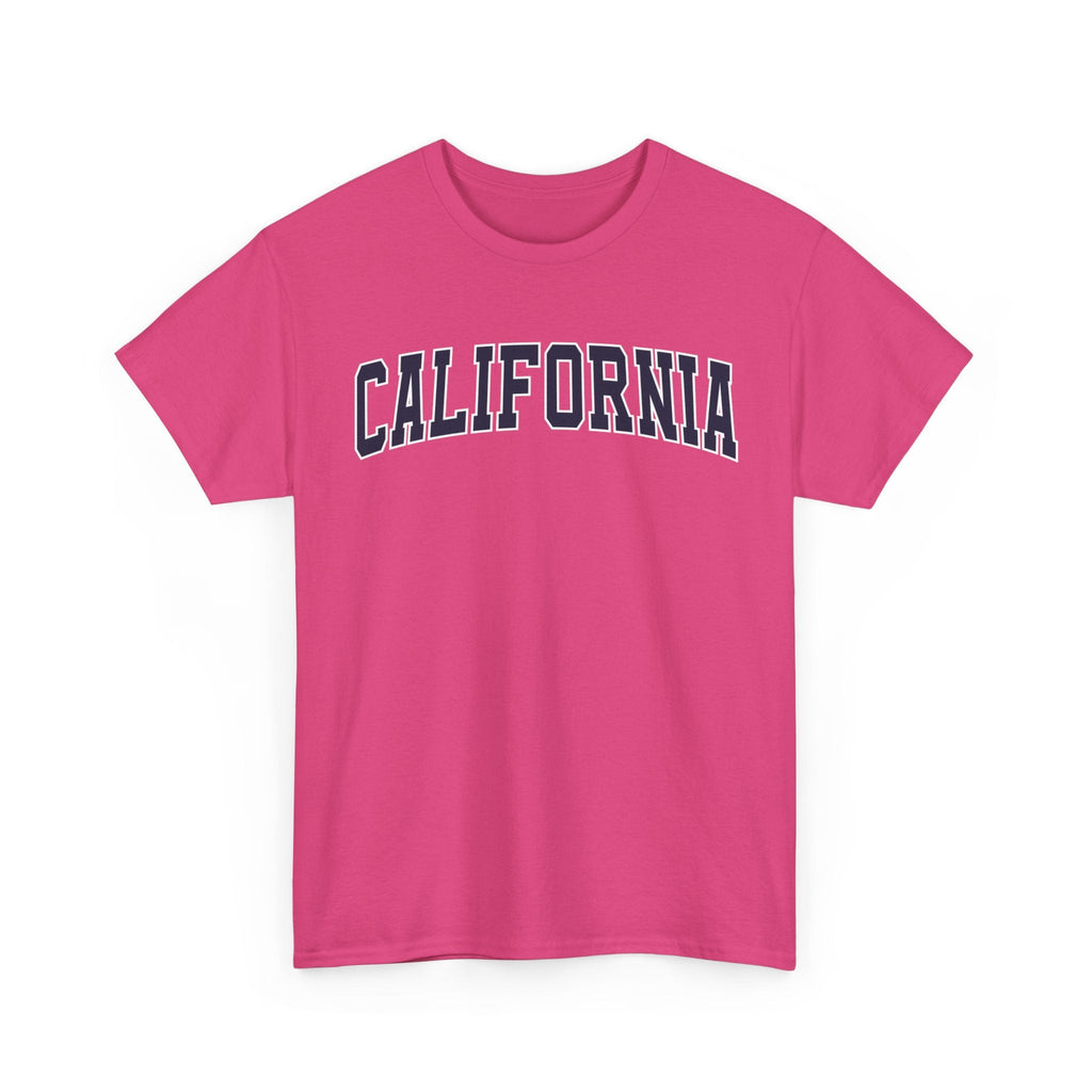 Heliconia t-shirt with 'CALIFORNIA' typography design in varsity style on a white background