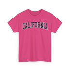 Heliconia t-shirt with 'CALIFORNIA' typography design in varsity style on a white background