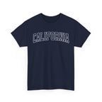 Navy t-shirt with 'CALIFORNIA' typography design in varsity style on a white background