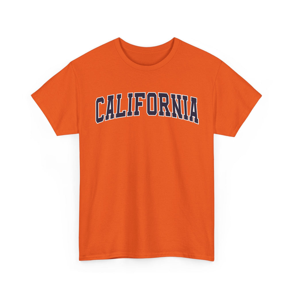 Orange t-shirt with 'CALIFORNIA' typography design in varsity style on a white background