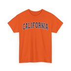 Orange t-shirt with 'CALIFORNIA' typography design in varsity style on a white background