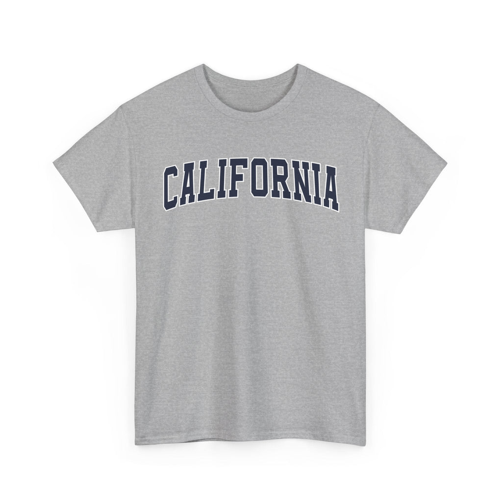 Sport Grey t-shirt with 'CALIFORNIA' typography design in varsity style on a white background