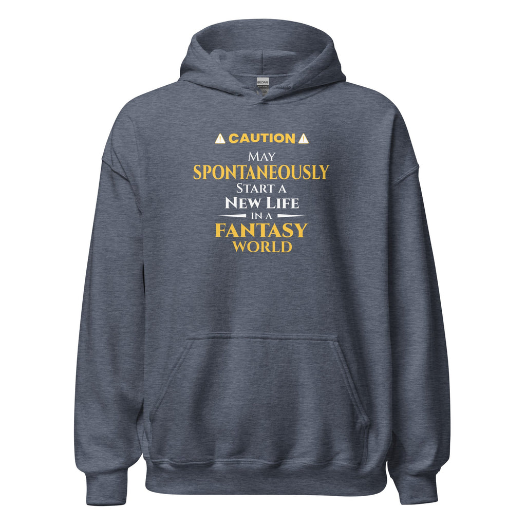 Heather sport dark navy hoodie with yellow and white witty otaku anime text on a white background