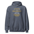 Heather sport dark navy hoodie with yellow and white witty otaku anime text on a white background