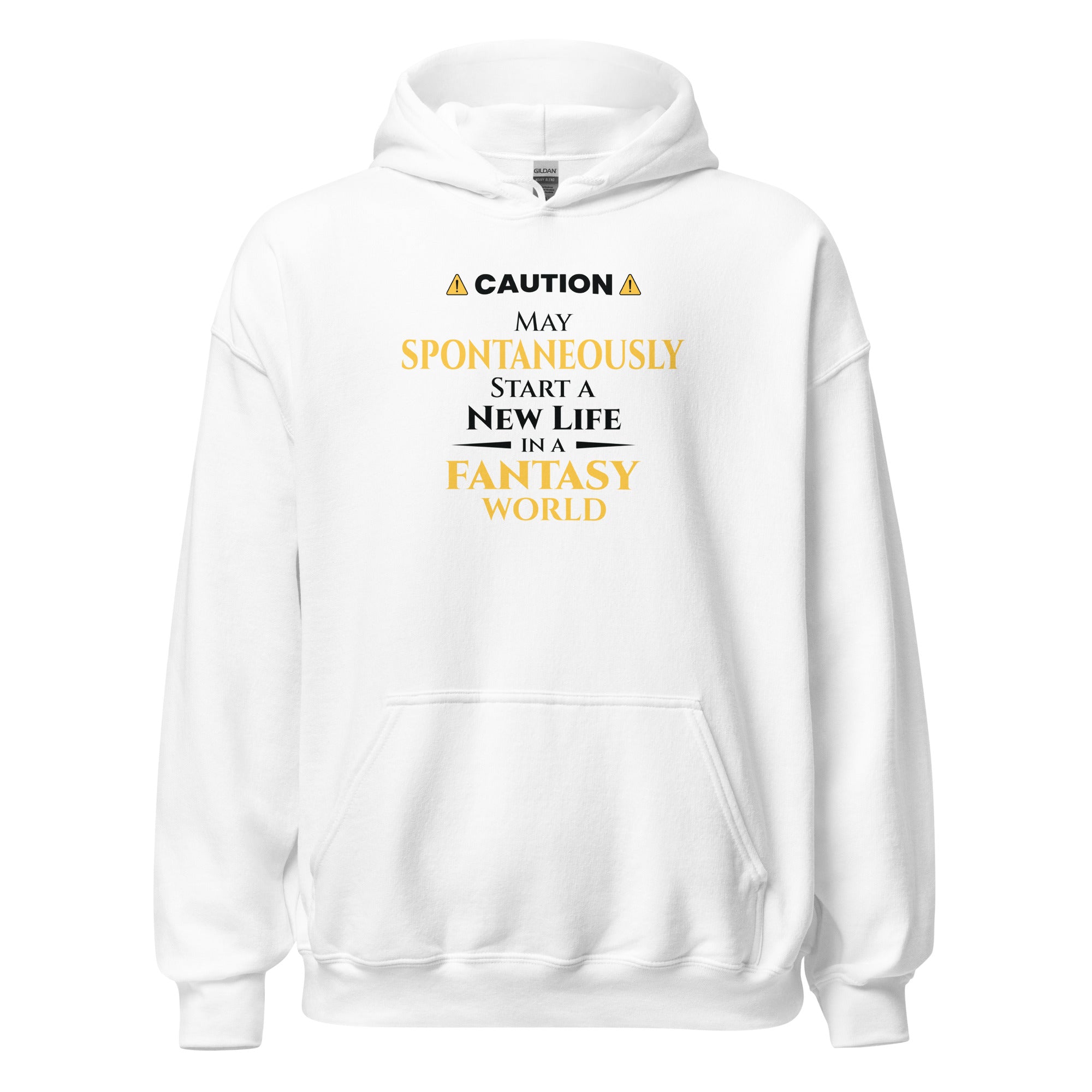 White hoodie with witty otaku anime text on a white background