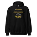Black hoodie with yellow witty otaku anime text on a white background