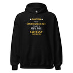 Black hoodie with yellow witty otaku anime text on a white background