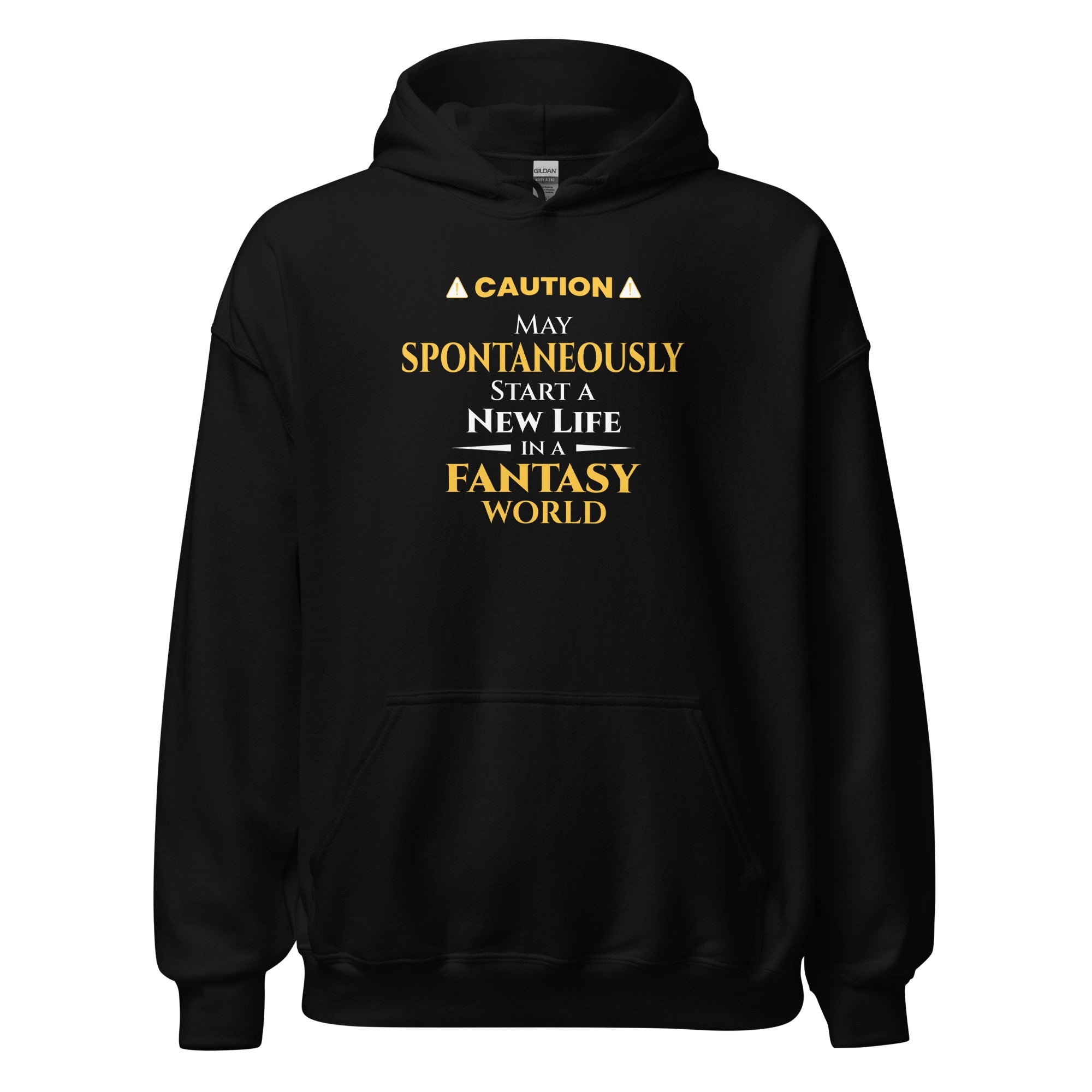 Black hoodie with yellow witty otaku anime text on a white background