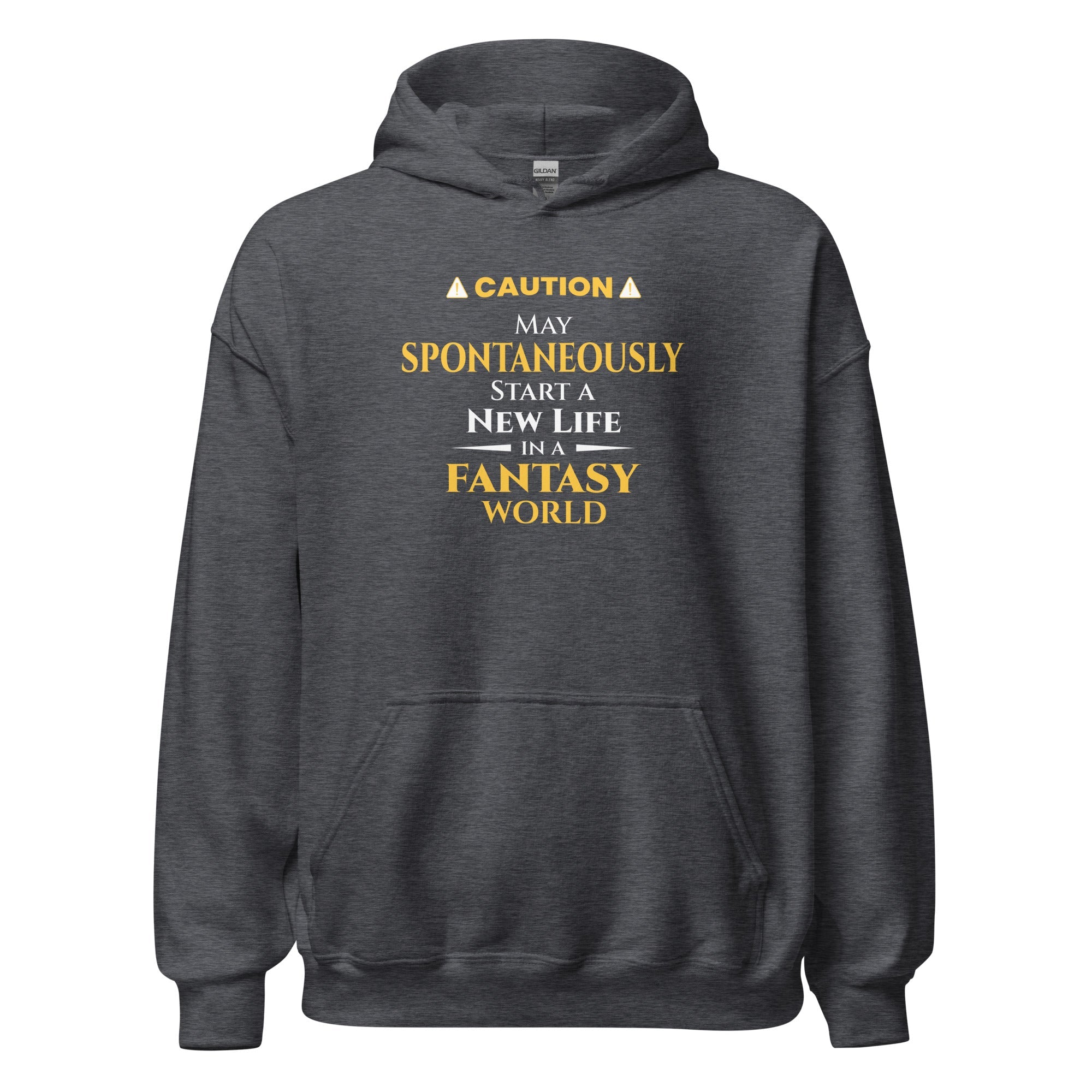 Dark heather gray hoodie with yellow and white witty otaku anime text on a white background