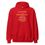 Red hoodie with humorous witty otaku anime text design on a white background