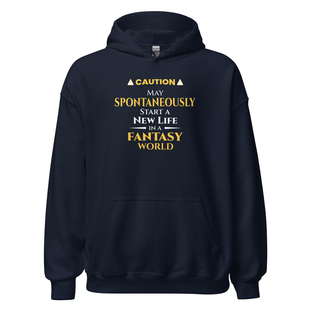 Navy blue hoodie with yellow witty otaku anime text on a white background