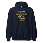 Navy blue hoodie with yellow witty otaku anime text on a white background