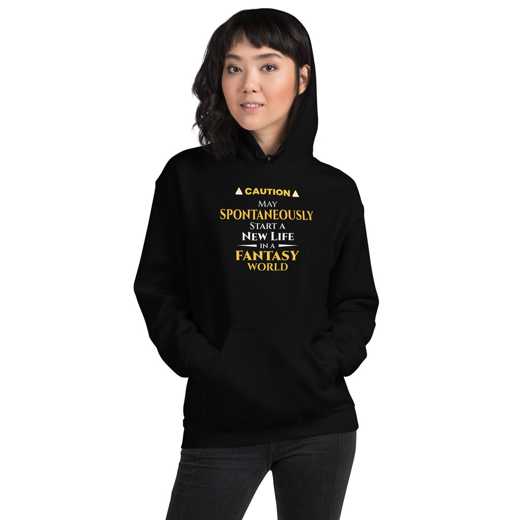 Person wearing a black hoodie with yellow witty otaku anime text on a white background
