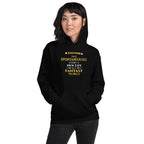 Person wearing a black hoodie with yellow witty otaku anime text on a white background