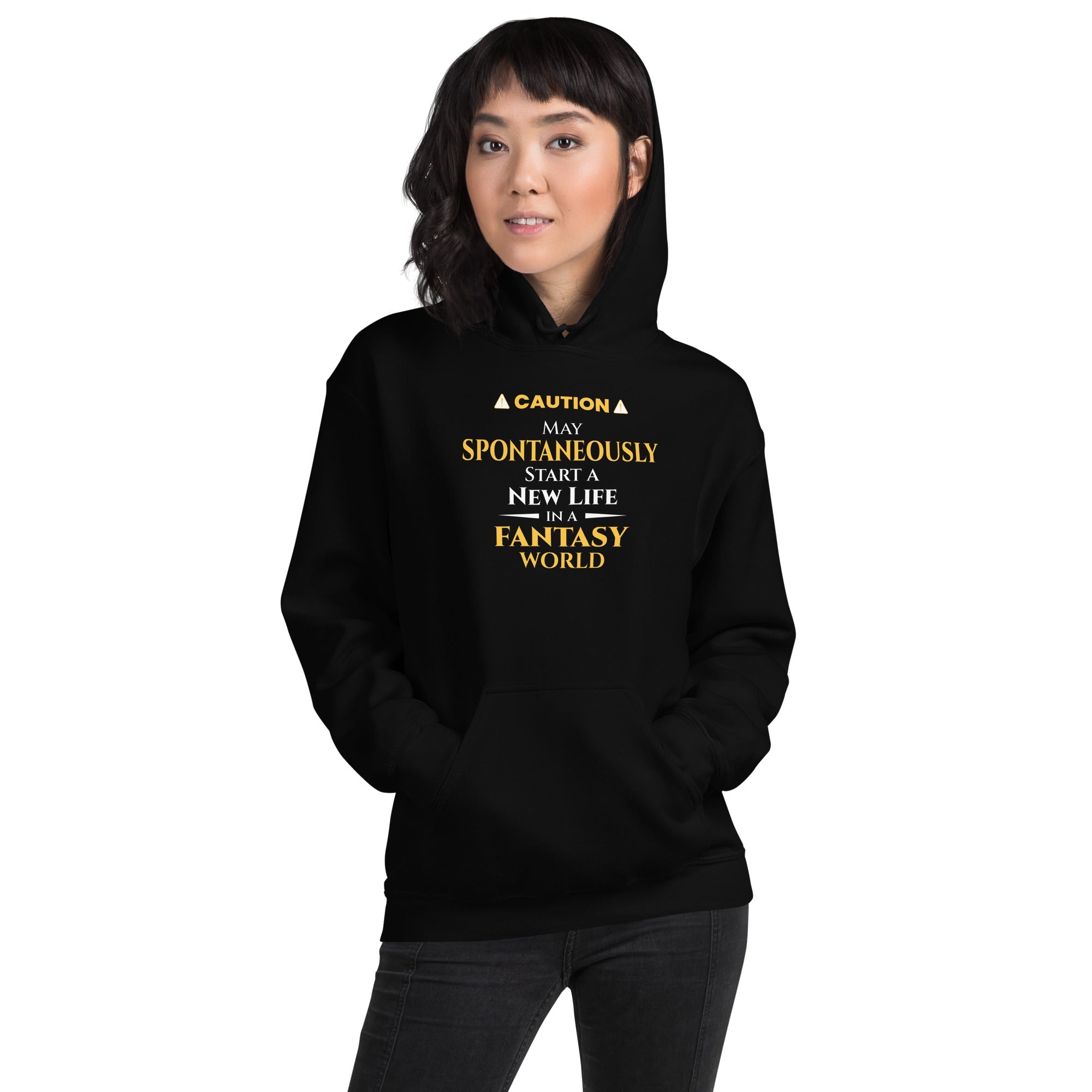 Person wearing a black hoodie with yellow witty otaku anime text on a white background
