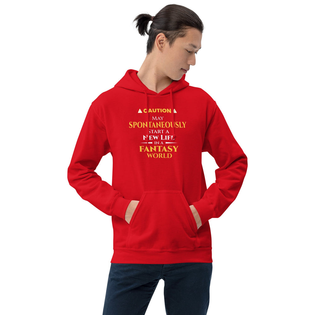 Person wearing a red hoodie with humorous, witty otaku anime text design on a white background