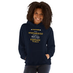 Person wearing a navy hoodie with yellow witty otaku anime text on a white background