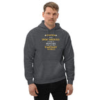 Man wearing a gray hoodie with witty otaku anime text on a white background