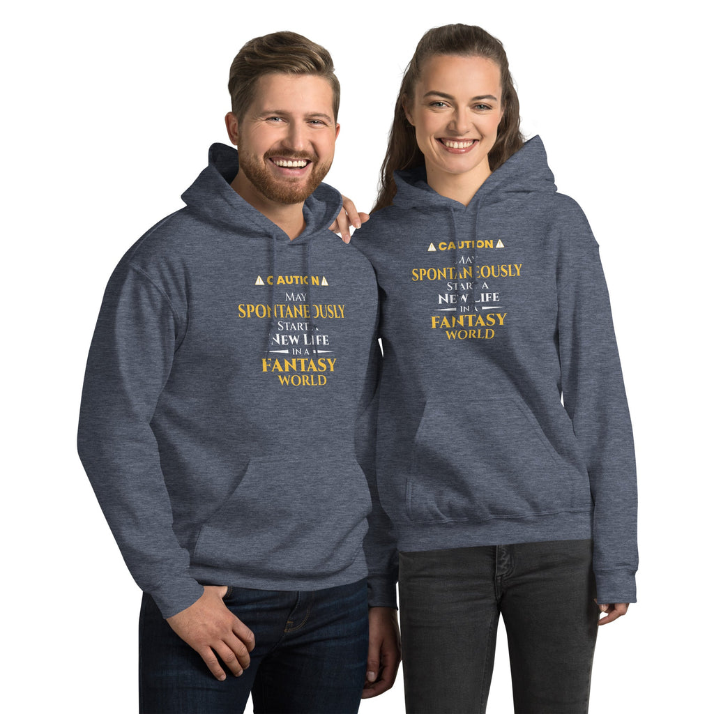Two people wearing matching blue hoodies with humorous, witty otaku anime text design on a white background
