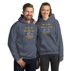 Two people wearing matching blue hoodies with humorous, witty otaku anime text design on a white background