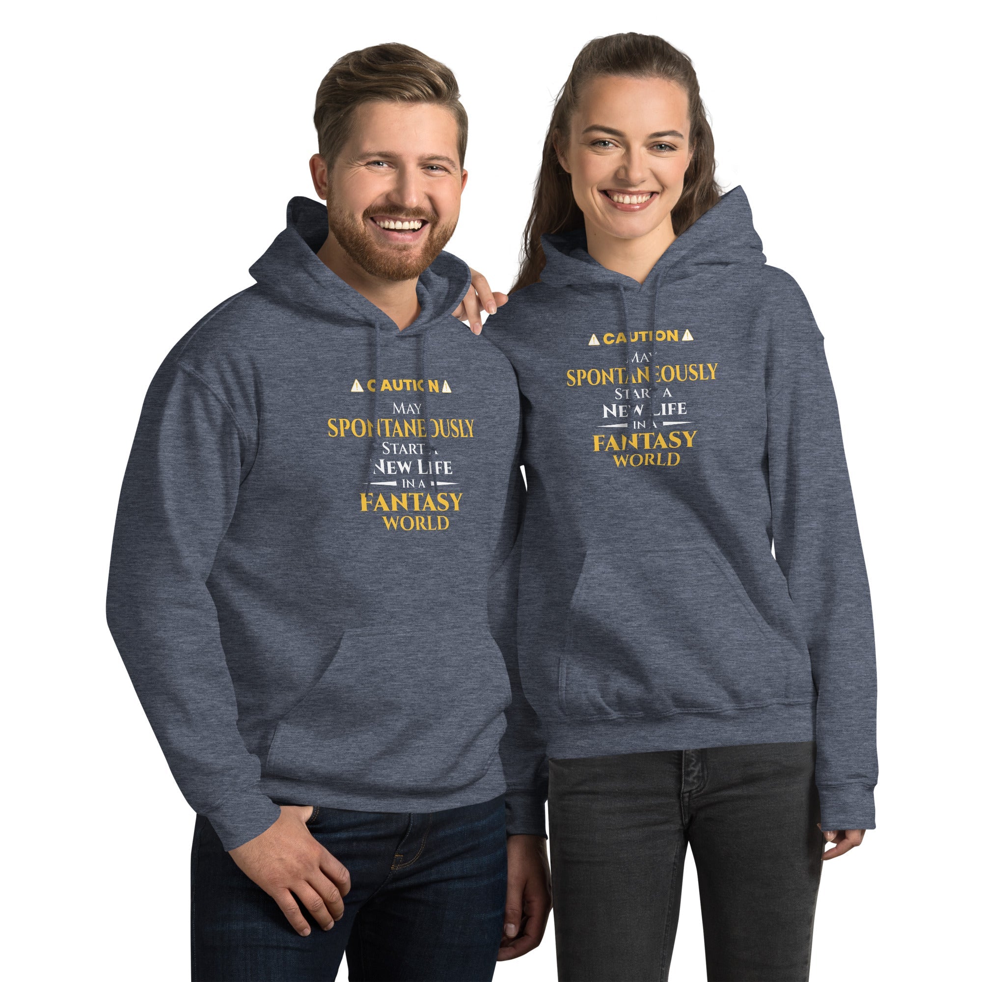 Two people wearing matching blue hoodies with humorous, witty otaku anime text design on a white background