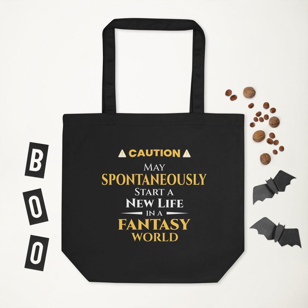 Black tote bag with Halloween-themed text and decorations on a white background