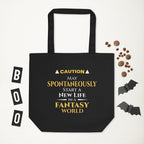 Black tote bag with Halloween-themed text and decorations on a white background