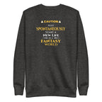 charcoal sweatshirt with yellow witty otaku anime text on a white background