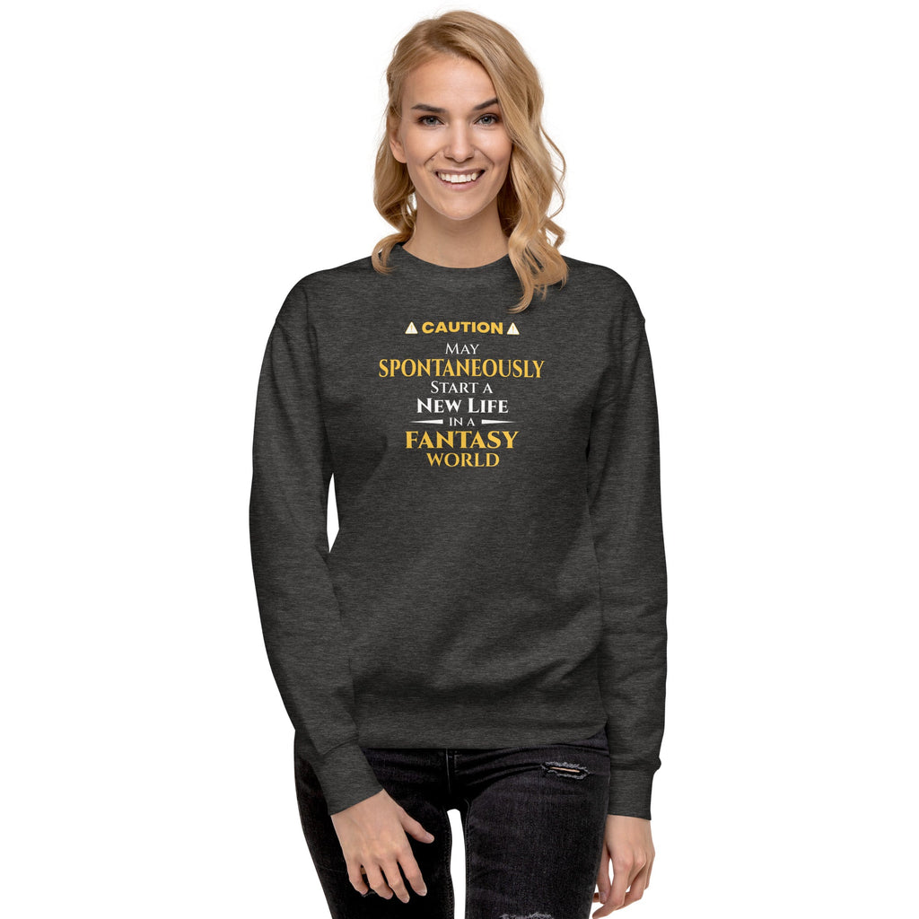 Woman wearing a dark gray sweatshirt with yellow witty otaku anime text on a white background