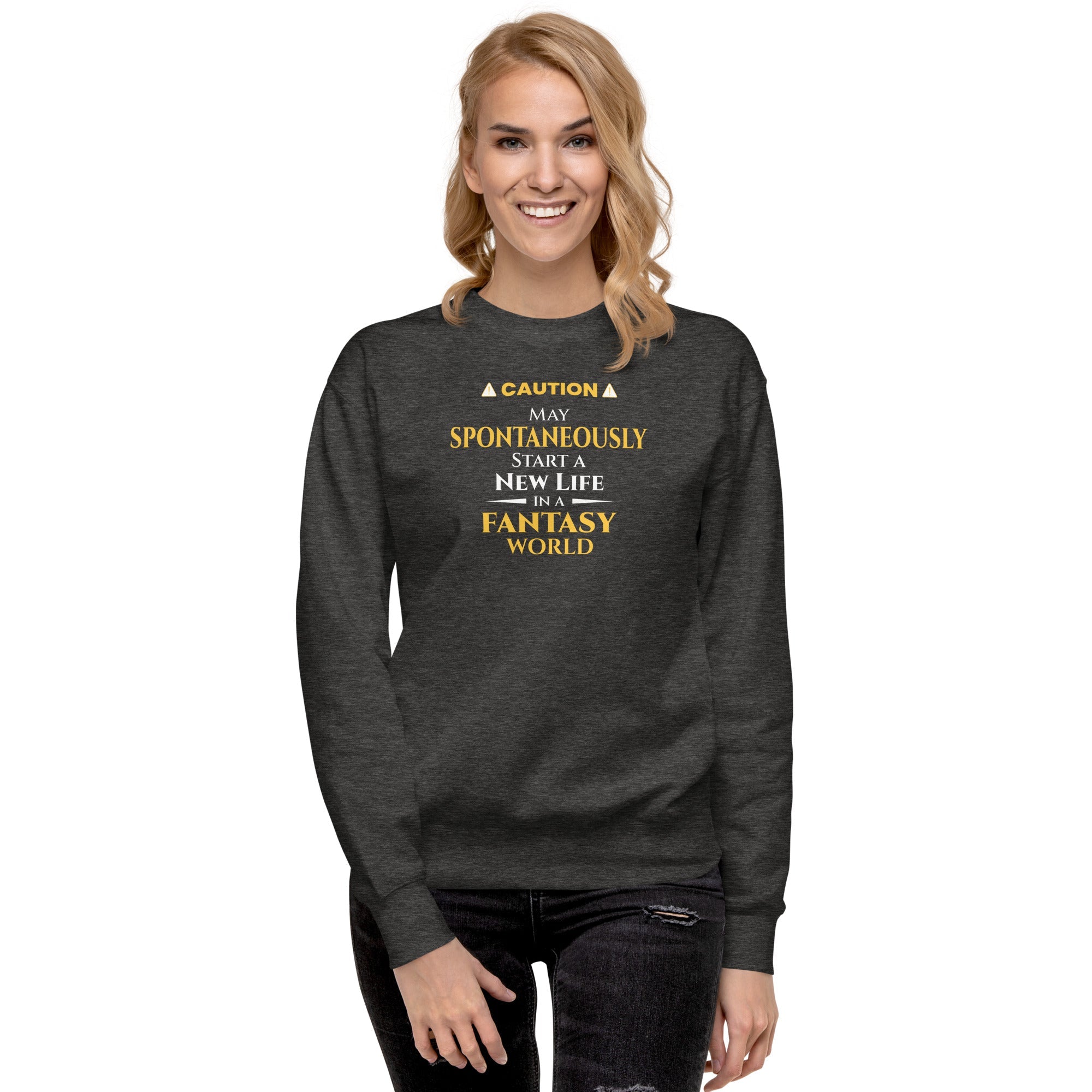Woman wearing a dark gray sweatshirt with yellow witty otaku anime text on a white background