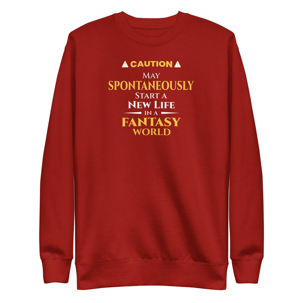 Red sweatshirt with yellow witty otaku anime text on a white background